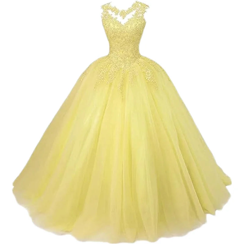 Customized Women's Beaded Lace Appliques Prom Dress Long Ball Gown Quinceanera Dresses Tulle Formal Sweet 16 Dress for Teens