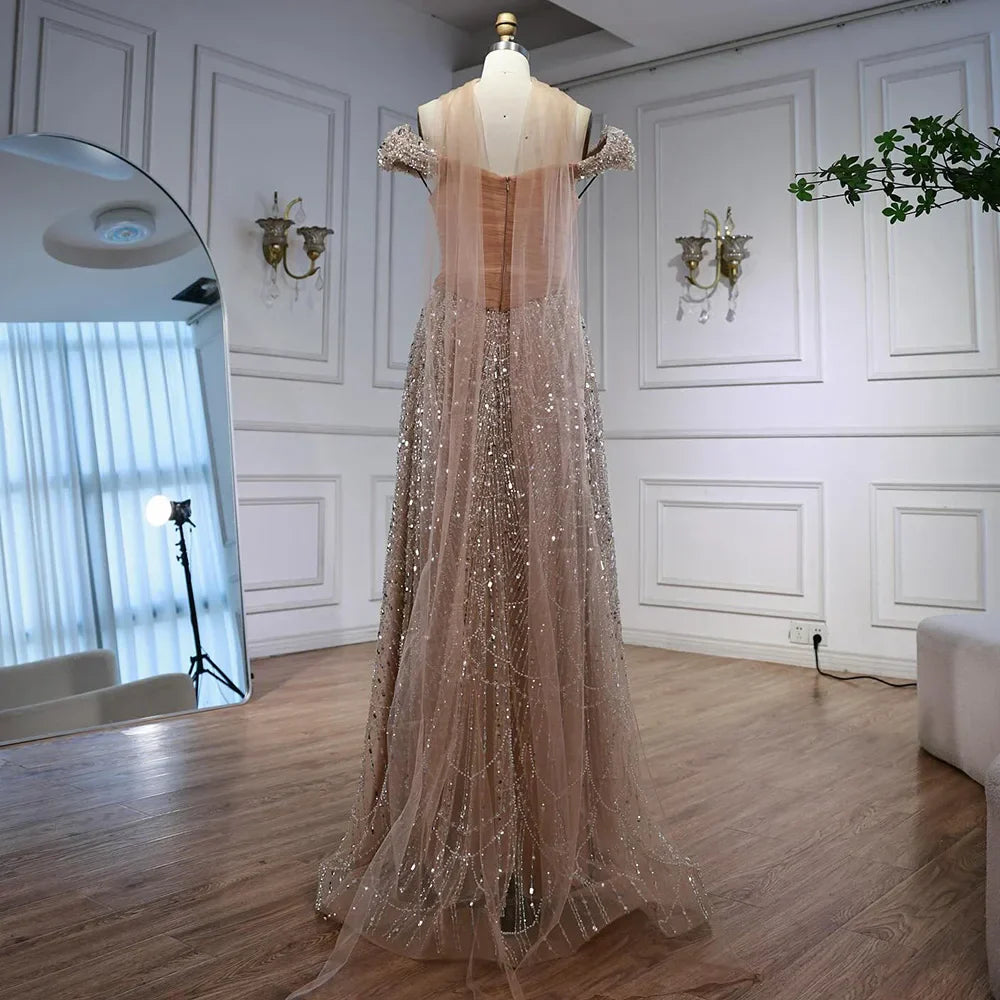 Luxury Arabic Pink Pearls Beaded Evening Dress With Cape LA72922