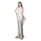 Luxurious Champagne White Sequin Formal Gown Strapless Sweetheart Neck and Sleeveless Evening Gala Gown Red Carpet Prom Dress