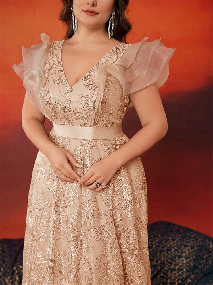 BLUEPLUM Plus Size Luxury V-Neck Grey Sequins Evening Dress Women Elegant V-back Wedding Party Long Prom Cocktail Dress Gowns