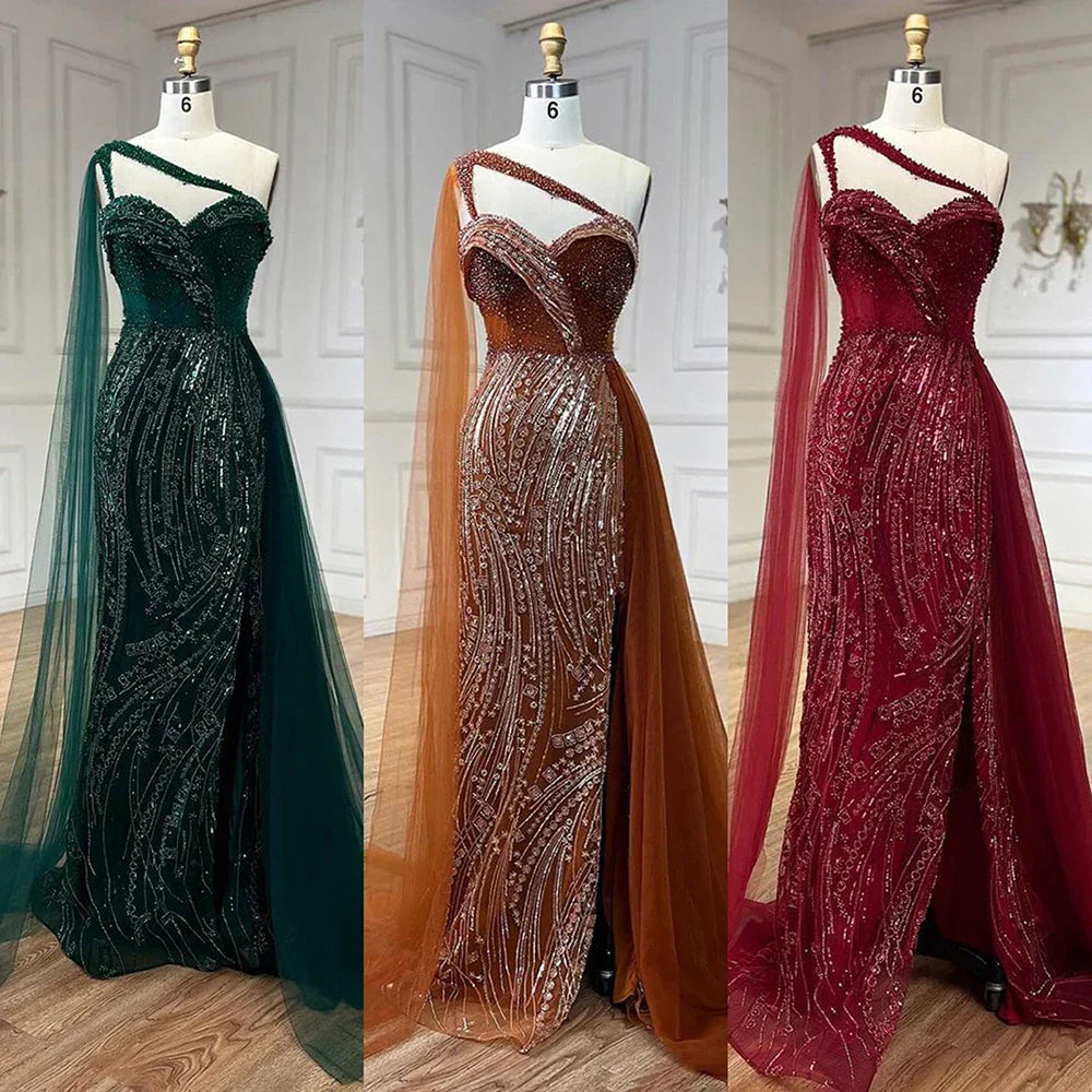 Luxury Green One Shoulder Mermaid Evening Dress with Cape LA72472