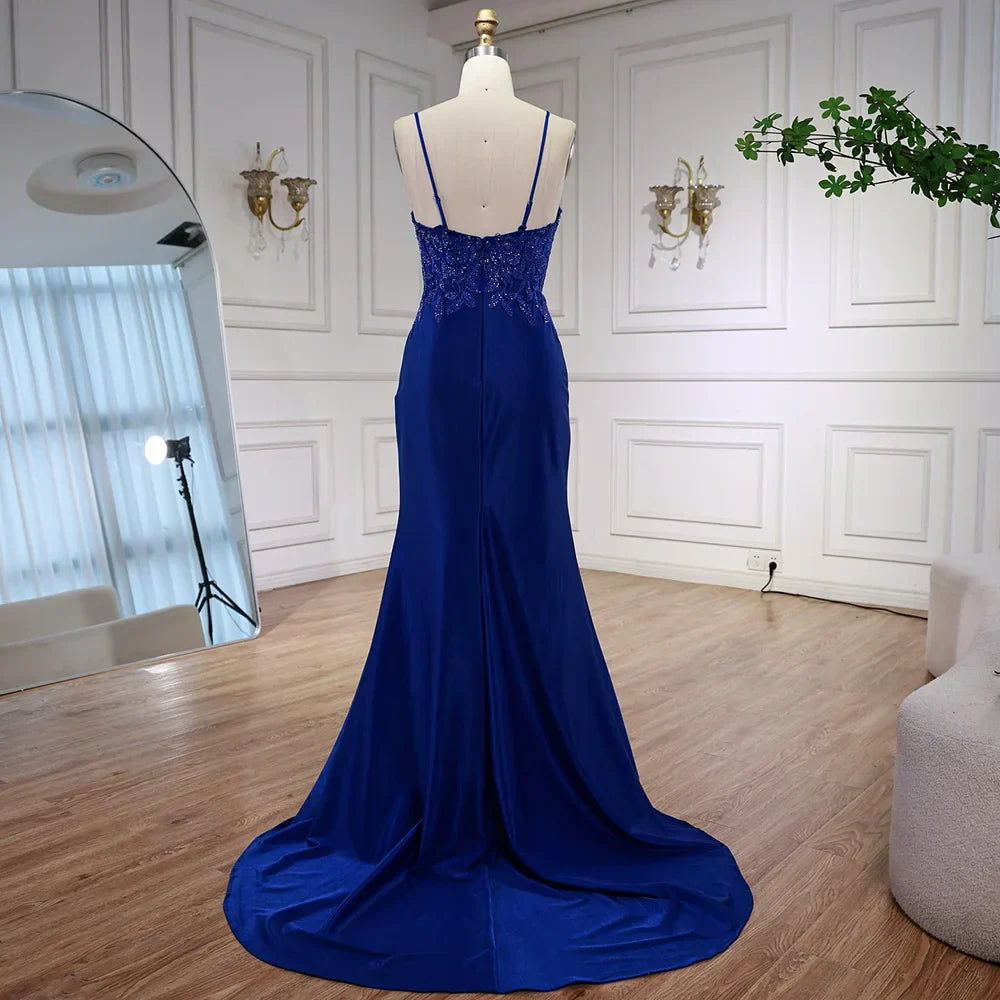 Luxury Navy Blue Lace Slit Prom Dress with Spaghetti Straps LA73041