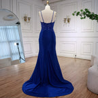 Luxury Navy Blue Lace Slit Prom Dress with Spaghetti Straps LA73041