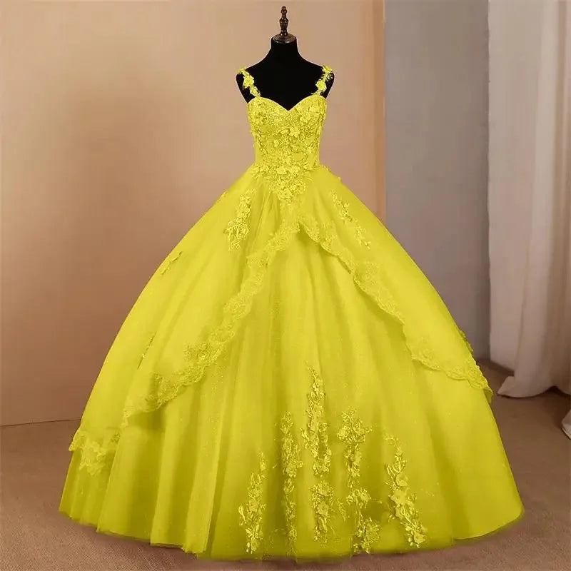 Custom Ball Gown Quinceanera Dress Spaghetti Straps Tulle Appliques Evening Gown