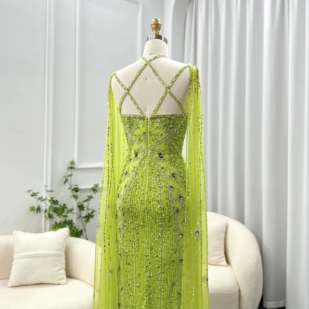 Sharon Said Luxury Dubai Aqua Lilac Mermaid Evening Dress with Cape Sleeve Criss Cross Women Wedding Party Gown SS391 Customized