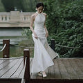 Luxury Simple White Satin Small Tail Bride Wedding Dress Sexy Halter Backless Ball Gown Wedding Evening Prom Dresses for Women