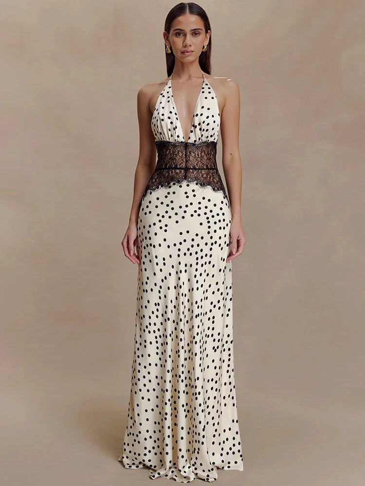 Mozision Polka Dot Backless Sexy Maxi Dress Women Gown Elegant Patchwork Lace Halter Deep V Neck Sleeveless Bodycon Club Dress