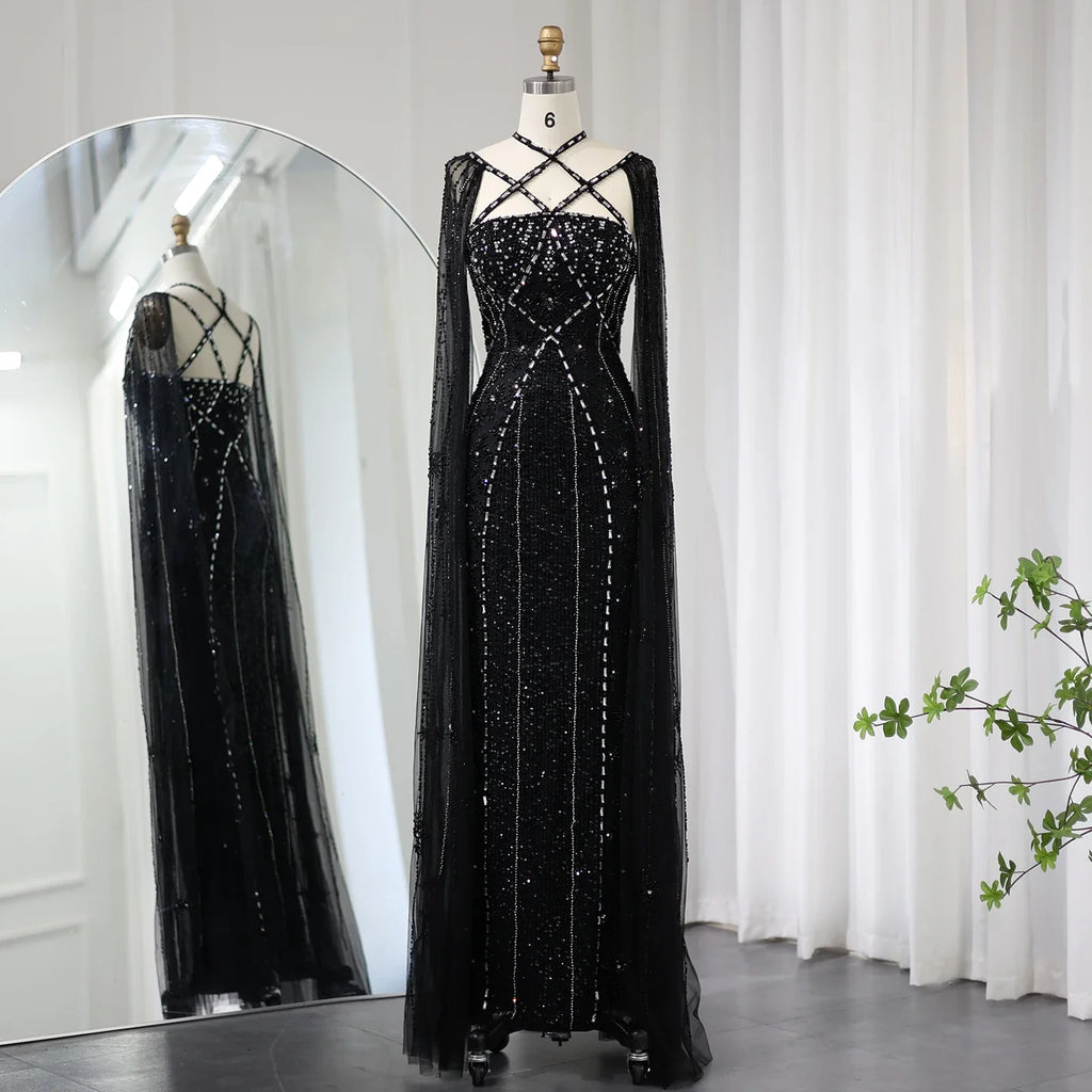 Sharon Said Luxury Dubai Aqua Lilac Mermaid Evening Dress with Cape Sleeve Criss Cross Women Wedding Party Gown SS391 Customized