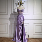 Luxury Mint Green Satin Beaded Prom Dress with Slit LA72995
