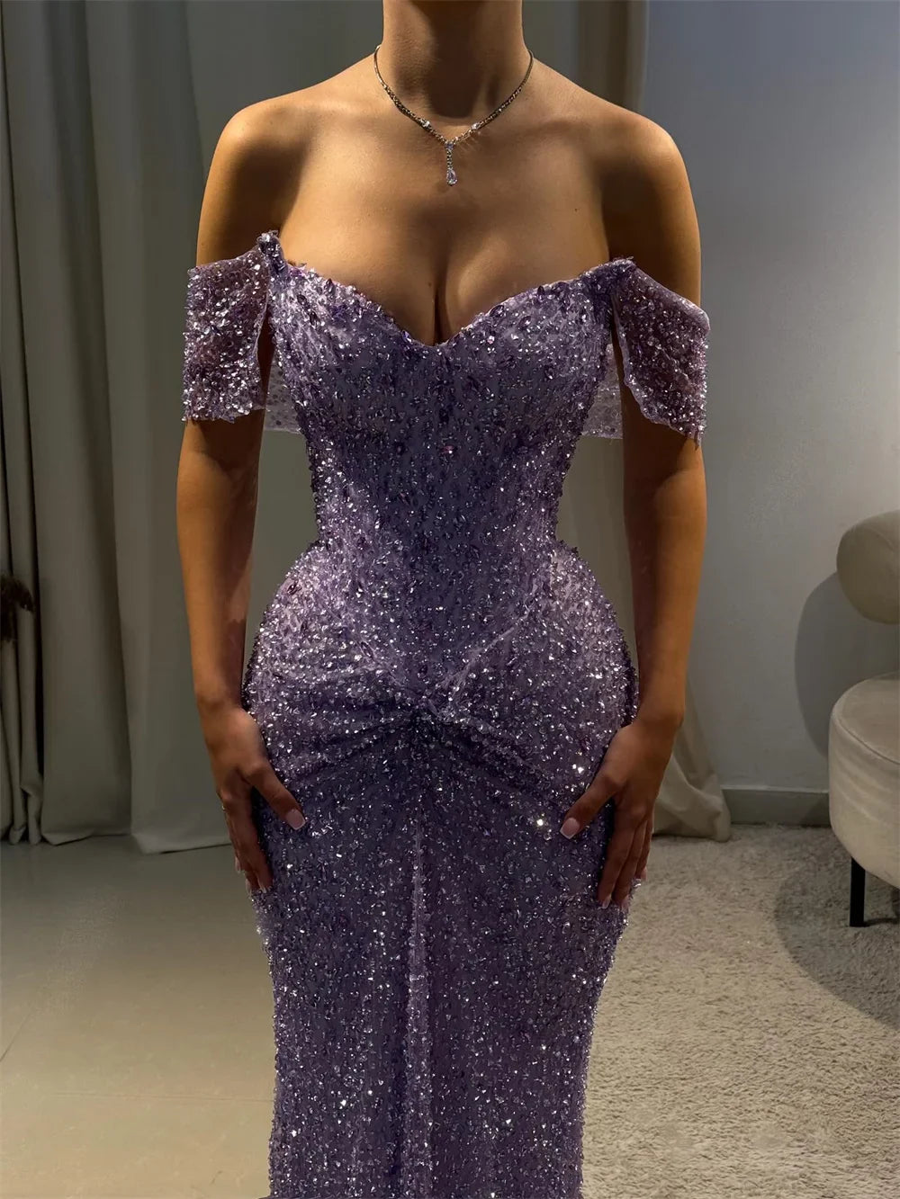 Cathy Customized Purple Luxury Rhinestones Mermaid Prom Dress Off The Shoulder vestidos de noiva Floor-length Formal Evening