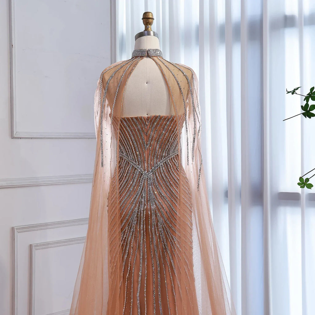 Luxury Nude Mermaid Evening Dress with Cape Sleeves LA73118