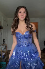 Sparkly Blue Tulle Sequins Layered Evening Dress Formal Slit Prom Dress Y7961
