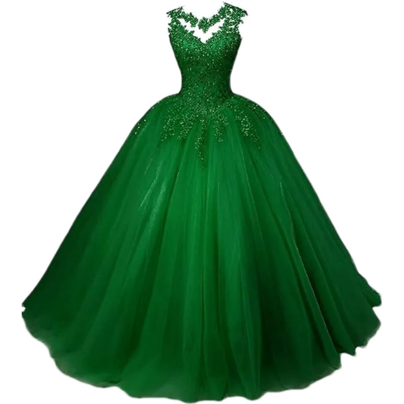 Customized Women's Beaded Lace Appliques Prom Dress Long Ball Gown Quinceanera Dresses Tulle Formal Sweet 16 Dress for Teens