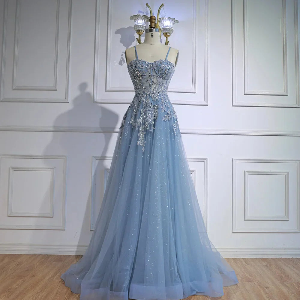 Luxury Gray Tulle A Line Prom Dress with Floral Appliques LA73015