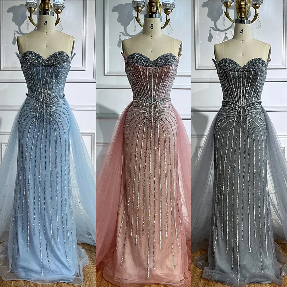 Pink Pearls Beaded Arabic Mermaid Evening Dress with Overskirt LA72811B