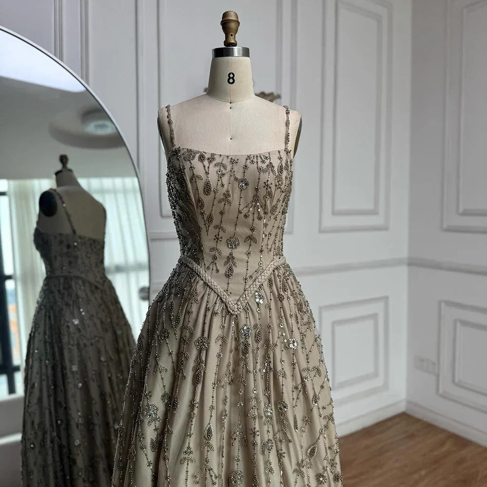 Luxury Sage Green Beaded A-Line Spaghetti Strap Evening Dress LA72805