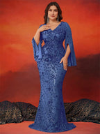 BLUEPLUM Plus Size Luxury Blue Evening Dresses Women 2025 Long Sleeve Mermaid Formal Sequins Prom Wedding Party Cocktail Gowns