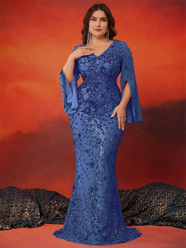 BLUEPLUM Plus Size Luxury Blue Evening Dresses Women 2025 Long Sleeve Mermaid Formal Sequins Prom Wedding Party Cocktail Gowns