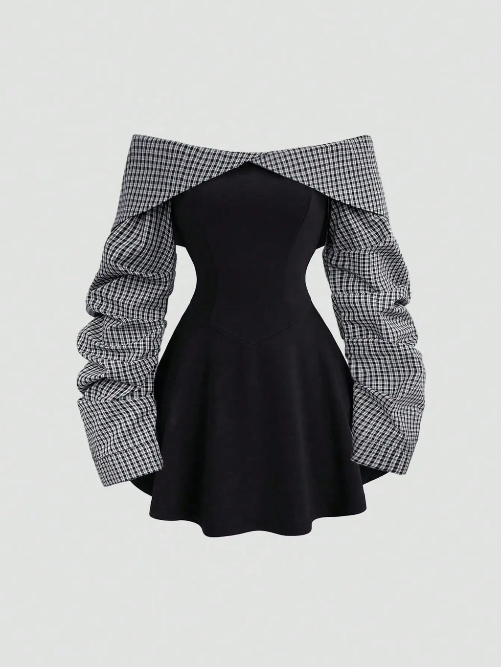 Women's Autumn/Winter Collegiate Style Minimalist Bardot Ruched Waist Contrast Color Mini Dress, Figure-Flattering