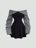 Women's Autumn/Winter Collegiate Style Minimalist Bardot Ruched Waist Contrast Color Mini Dress, Figure-Flattering
