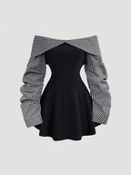 Women's Autumn/Winter Collegiate Style Minimalist Bardot Ruched Waist Contrast Color Mini Dress, Figure-Flattering