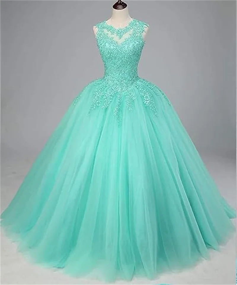 Customized Women's Beaded Lace Appliques Prom Dress Long Ball Gown Quinceanera Dresses Tulle Formal Sweet 16 Dress for Teens