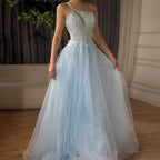 Serene Hill  Blue Spaghetti Strap A Line One Shoulder Prom Dress 2025 LA72589
