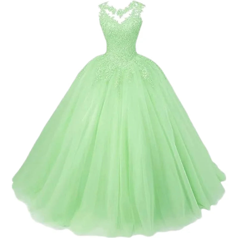 Customized Women's Beaded Lace Appliques Prom Dress Long Ball Gown Quinceanera Dresses Tulle Formal Sweet 16 Dress for Teens