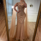 Luxury Nude Beaded Mermaid Evening Dress with Cape LA72814