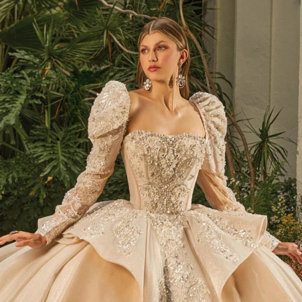 Exquisite Sequins Beads Quinceanrra Prom Dresses Glitter Lace Appliques Detachable Sleeves Ball Gown Sweet 16 Dress Vestidos
