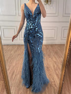Luxury Blue Beaded Feather Mermaid Evening Dress LA73369