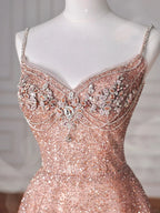 Glitter Pink Tulle Sequins Beaded Prom Dress Spaghetti Straps A Line Evening Dress Y8619