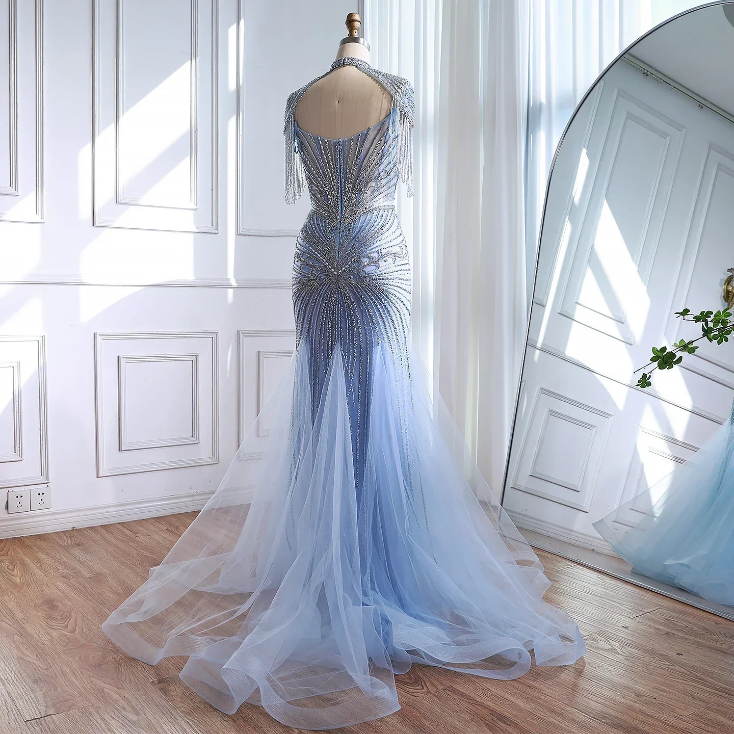 Luxury Dubai Beaded Blue Pink Evening Dress with Tassel Cape LA72897B