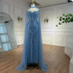 Luxury Blue Sequin Beaded Evening Dress with Cape Sleeves LA73108