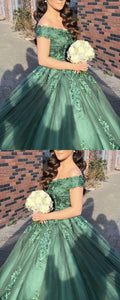 green ball gown prom dresses lace appliques off the shoulder S13881