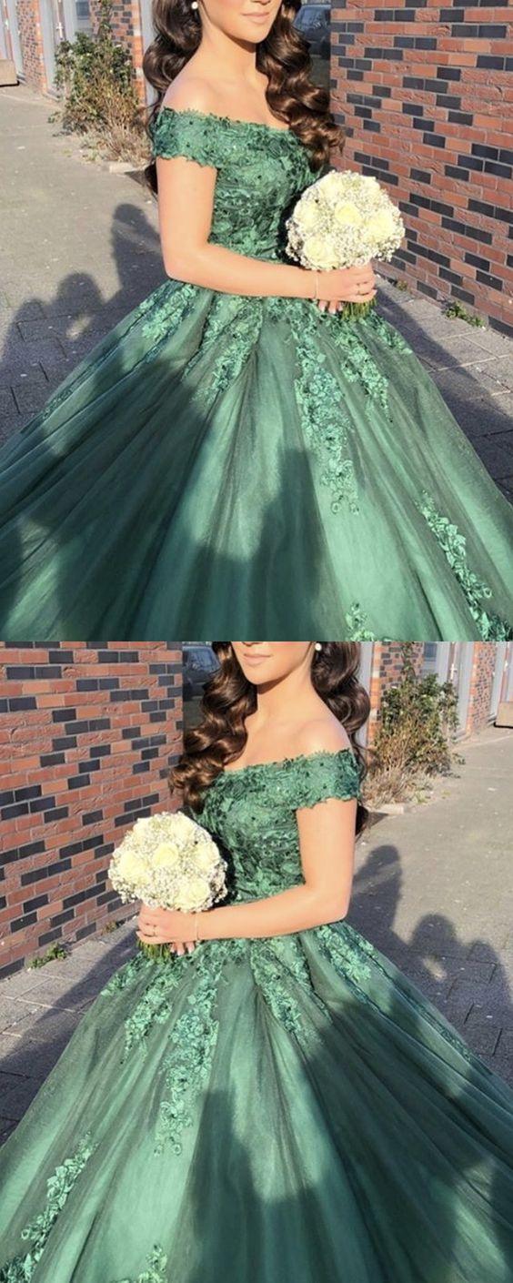 green ball gown prom dresses lace appliques off the shoulder S13881
