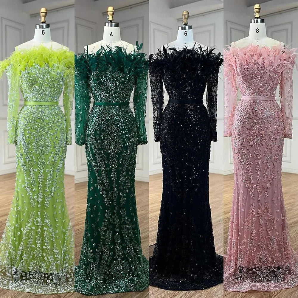Luxury Dubai Green Long Sleeves Feathers Beaded Evening Dress LA72553