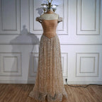 Luxury Arabic Pink Pearls Beaded Evening Dress With Cape LA72922