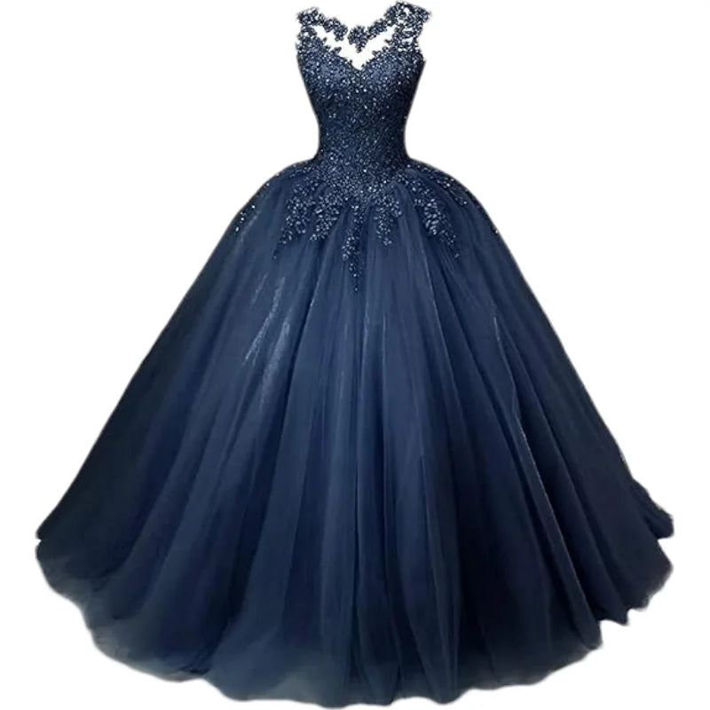 Customized Women's Beaded Lace Appliques Prom Dress Long Ball Gown Quinceanera Dresses Tulle Formal Sweet 16 Dress for Teens