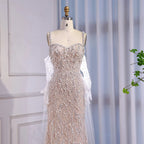 Luxury Lace Pearls Mermaid Evening Dress With Glove White Nude LA72345E