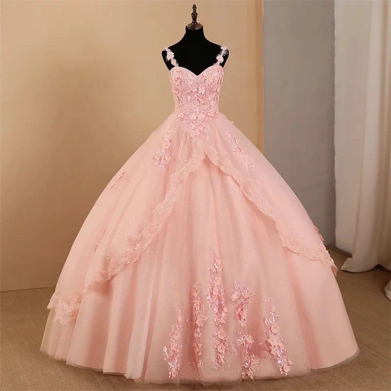 Custom Ball Gown Quinceanera Dress Spaghetti Straps Tulle Appliques Evening Gown