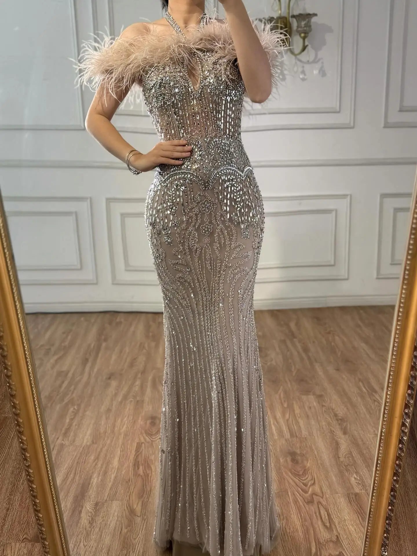 Luxury Nude Halter Feather Crystal Evening Dress LA73349