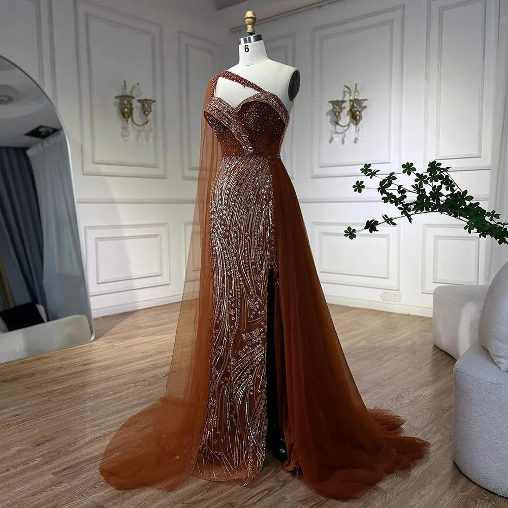 Luxury Green One Shoulder Mermaid Evening Dress with Cape LA72472