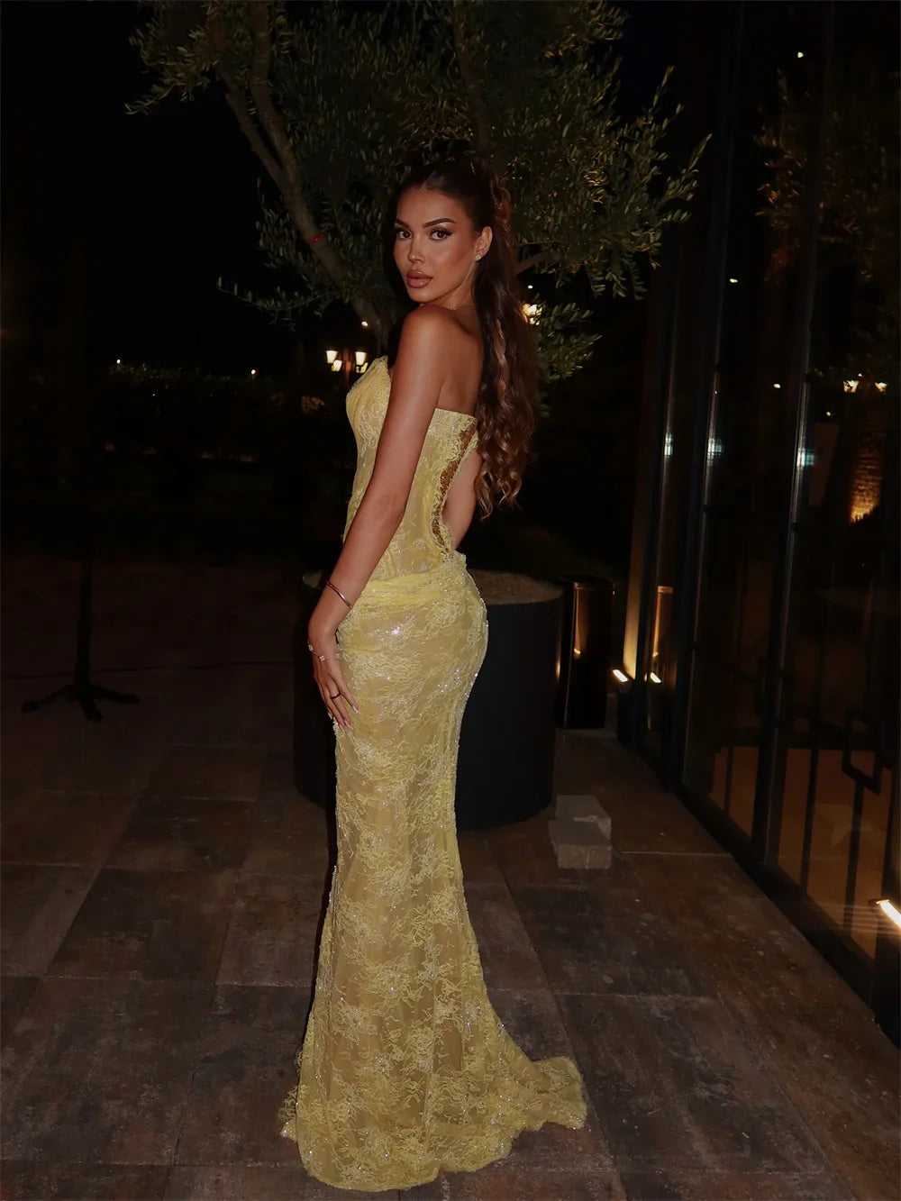 Cathy Customized Yellow Mermaid Lace Embroidery Prom Dresses Sequins Sleeveless vestidos de noiva Side High Split Formal Evening
