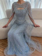 Luxury Blue Diamond Evening Dress With Cape LA73426