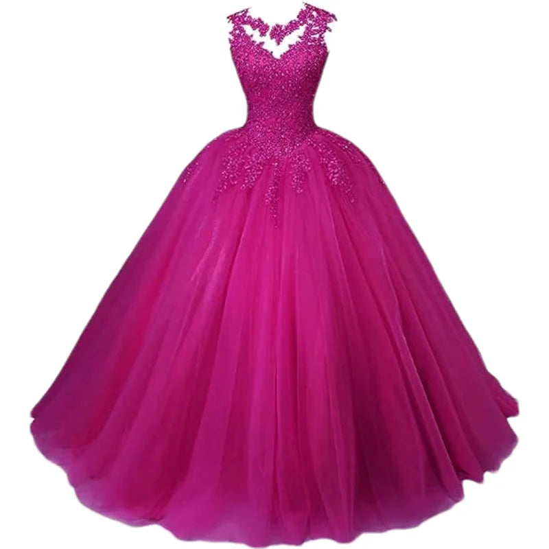 Customized Women's Beaded Lace Appliques Prom Dress Long Ball Gown Quinceanera Dresses Tulle Formal Sweet 16 Dress for Teens