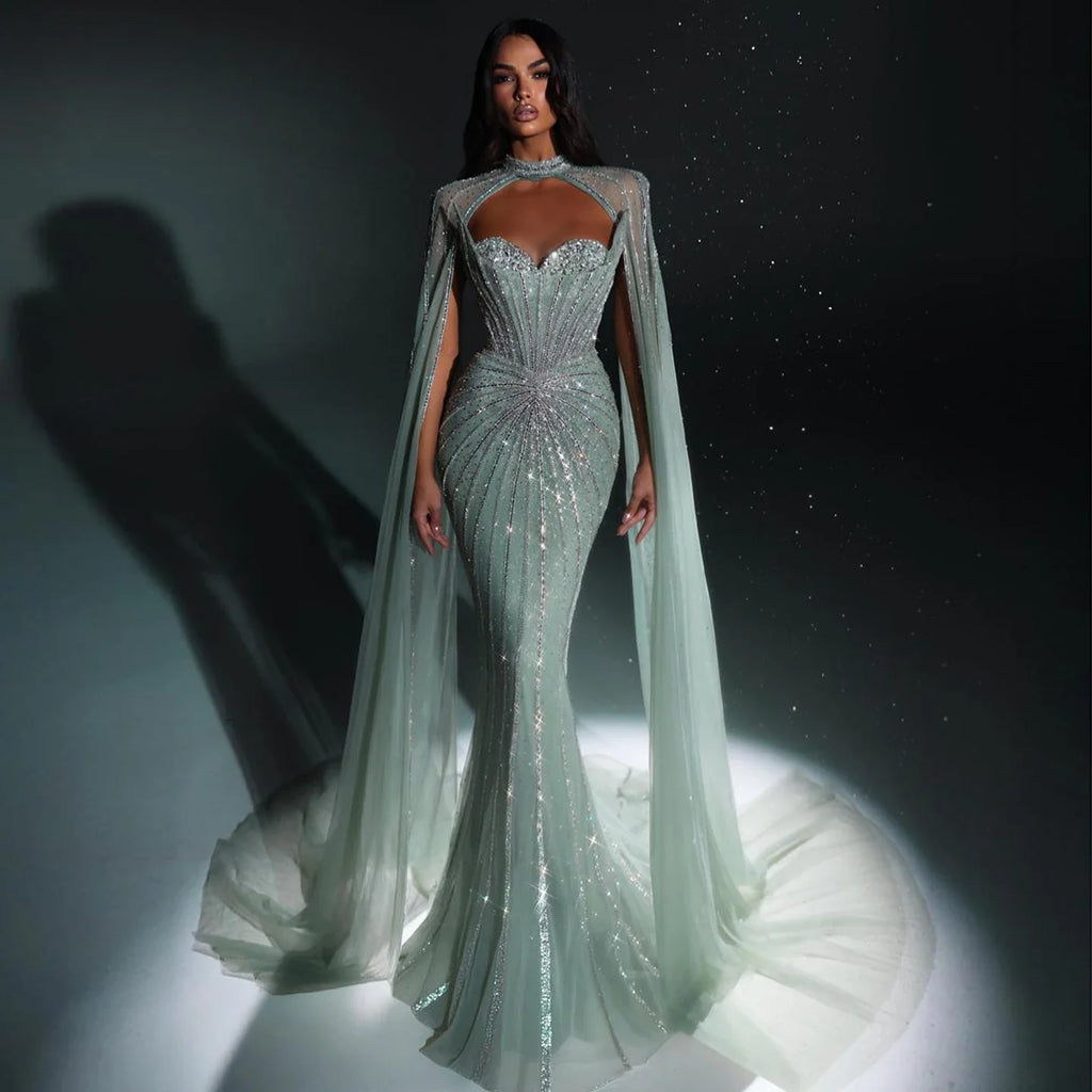 Sharon Said Luxury Crystal Sage Green Evening Dress with Cape Sleeves Long Pink for Women Wedding Party Gowns SS156 Customized