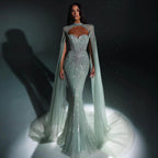 Sharon Said Luxury Crystal Sage Green Evening Dress with Cape Sleeves Long Pink for Women Wedding Party Gowns SS156 Customized