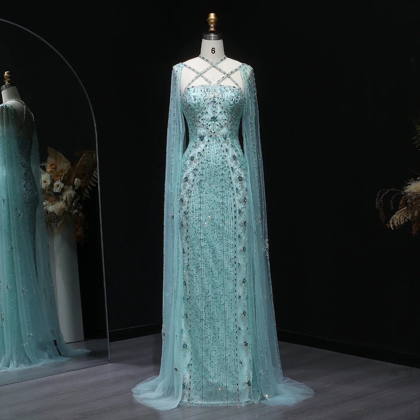 Sharon Said Luxury Dubai Aqua Lilac Mermaid Evening Dress with Cape Sleeve Criss Cross Women Wedding Party Gown SS391 Customized