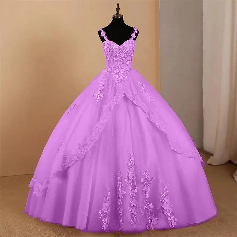 Custom Ball Gown Quinceanera Dress Spaghetti Straps Tulle Appliques Evening Gown